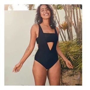 [Aerie] Black Full Coverage Layered One Piece Swimsuit Tie Back Tall Small Long